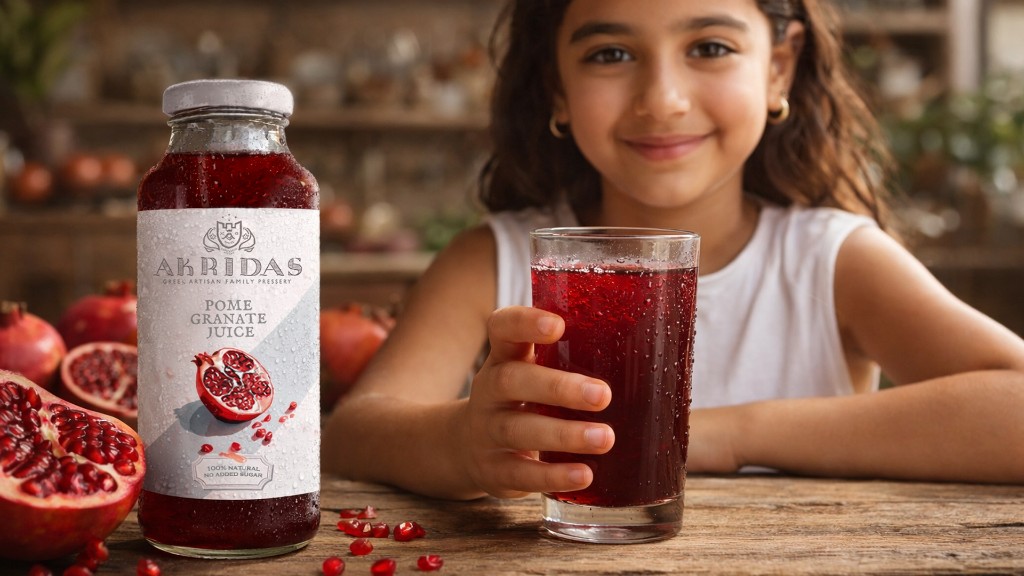 Chilled Akridas pomegranate juice bottle and glass with condensation on a rustic wooden table with whole and halved pomegranates; child smiling in a warm artisan kitchen setting